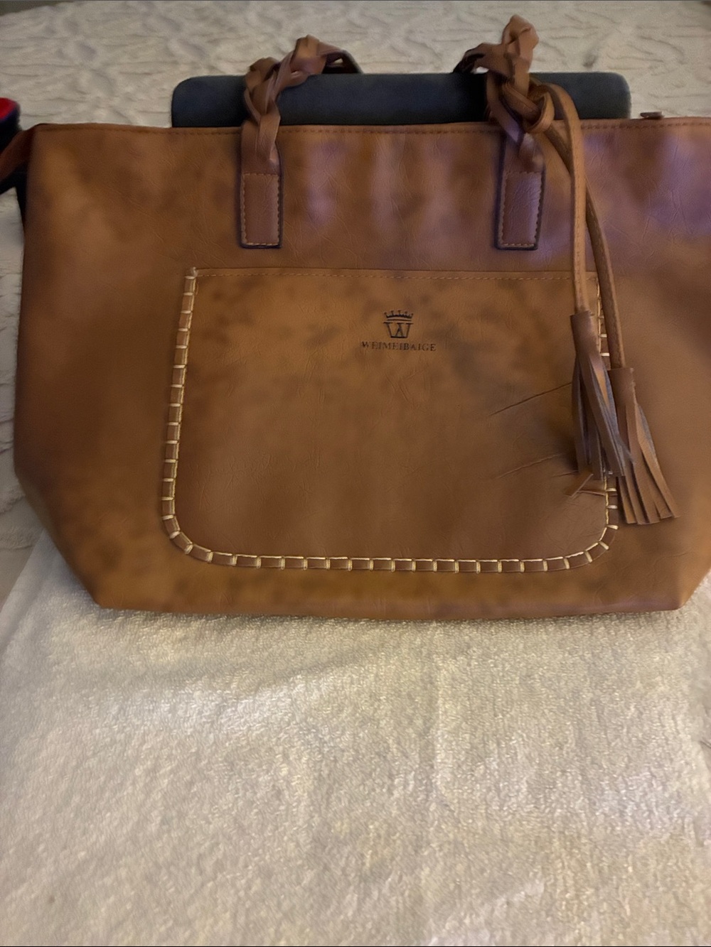 Weimeibaige Oversized Brown Vegan Leather Tan Tote Bag with Tassel Details